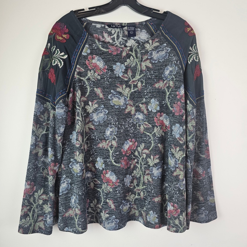 Life Style Womens Floral Knit Top Embroidered Mesh Shoulder Grey Large